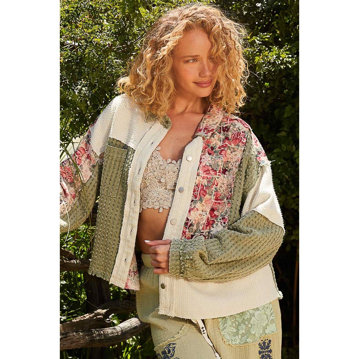 Oversize textured twill floral print jacket