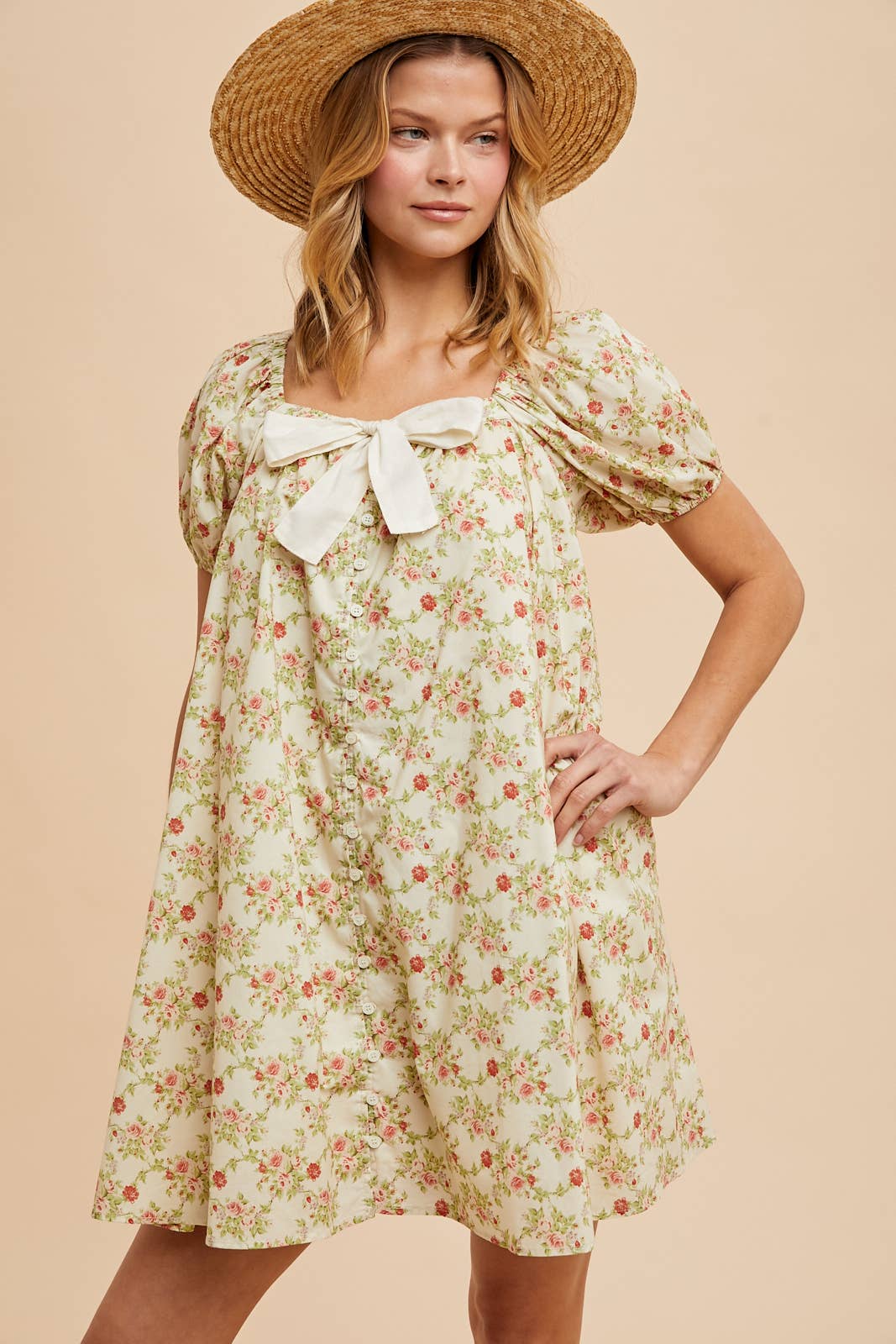 COTTON FLORAL BOW TIE SHIFT DRESS
