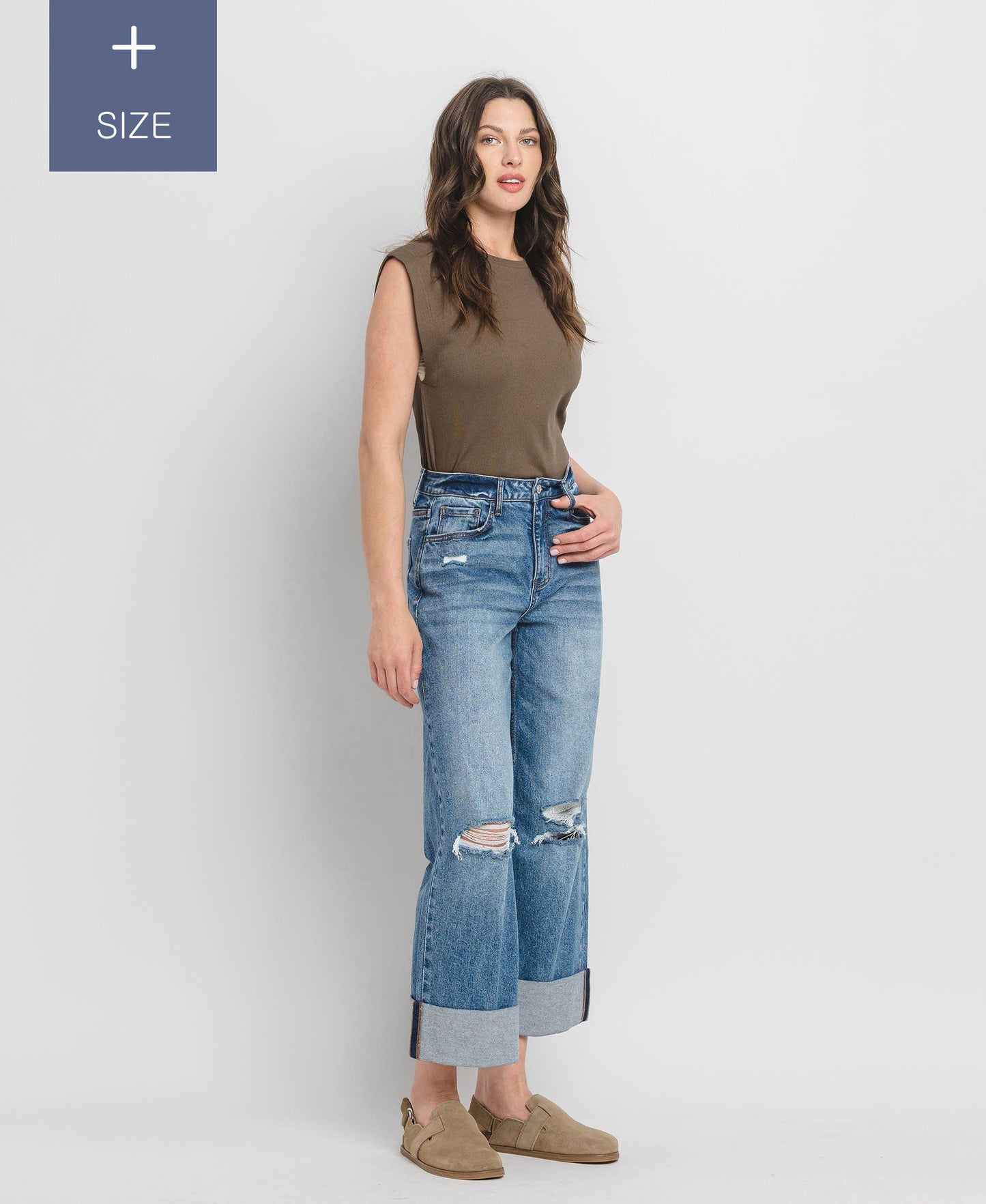 PLUS SIZE SUPER HIGH RISE CUFFED BAGGY WIDE JEANS