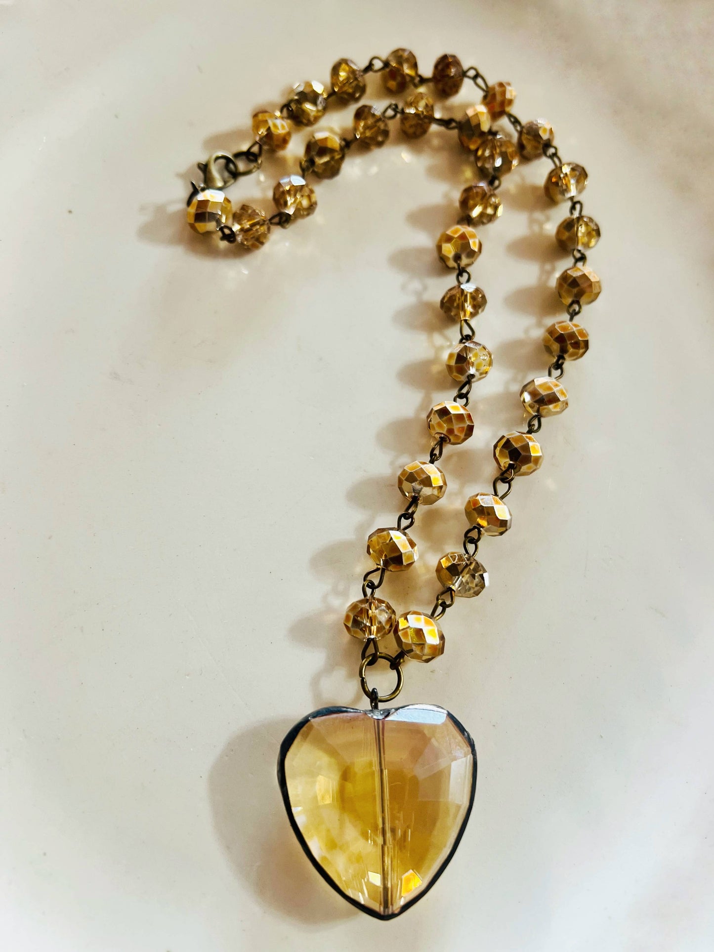 Topaz Soldered Crystal Heart Crystal Beaded Chain Necklace