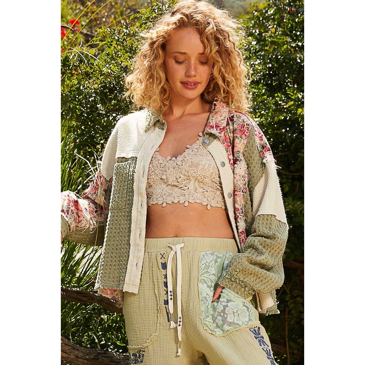 Oversize textured twill floral print jacket