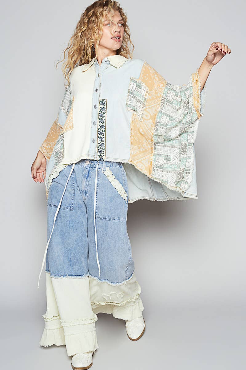 Oversize button down contrast fabric panel high low shirt