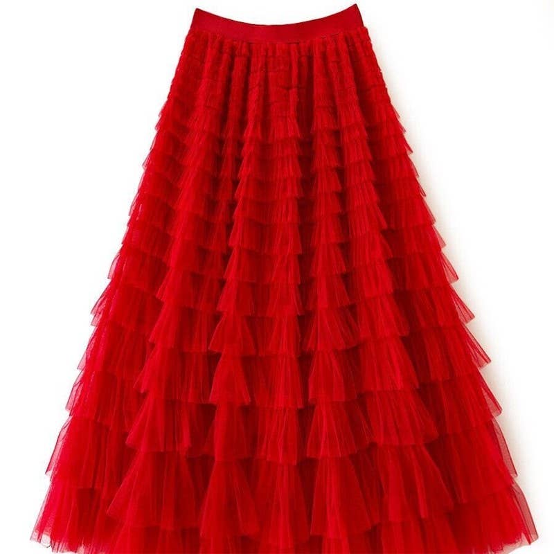 Solid Color High-Waisted Tulle Puffy Midi Skirt