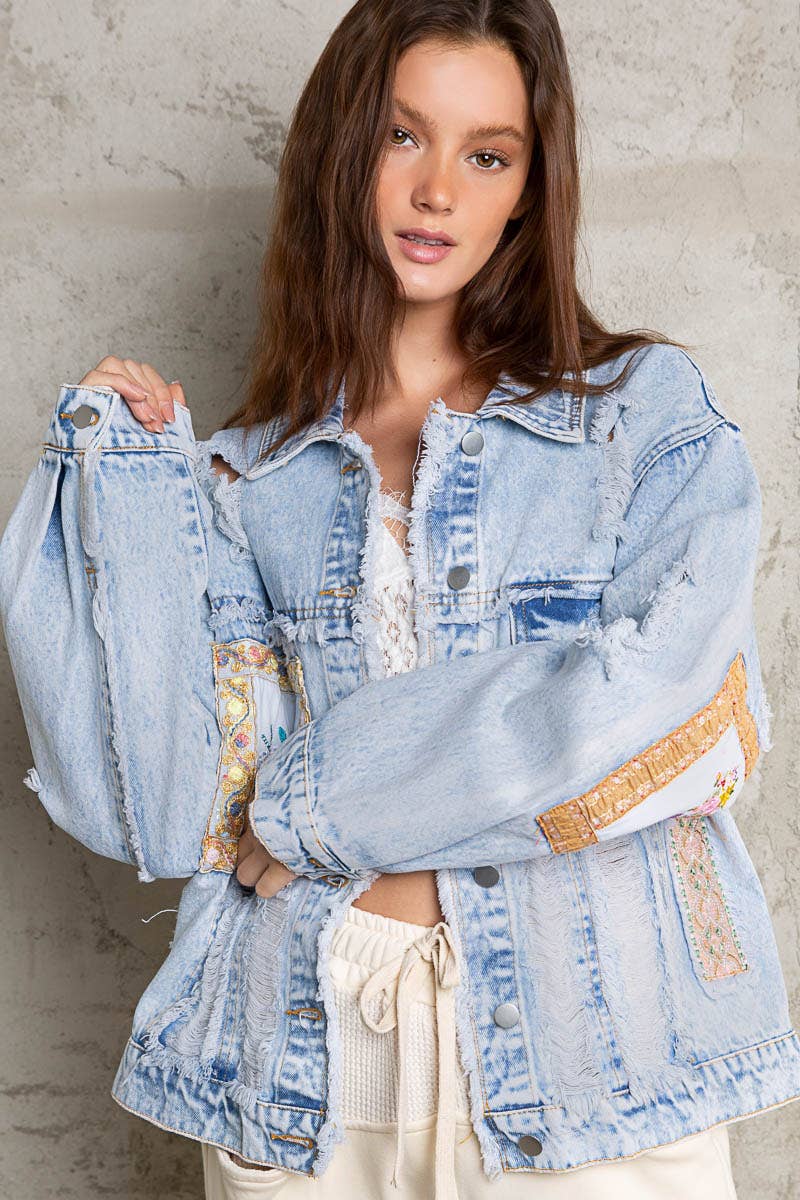 Oversize patch work panel distressed shacket
