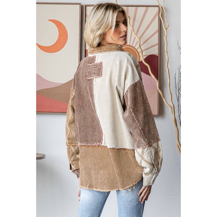 WASHED CORDUROY COLORBLOCK BUTTON DOWN SHACKET