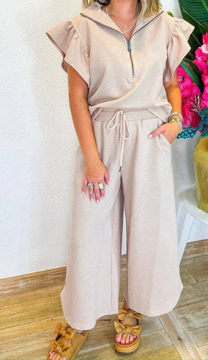 Textured Ruffled Sleeve Zipped Top and Wide Leg Pants Set