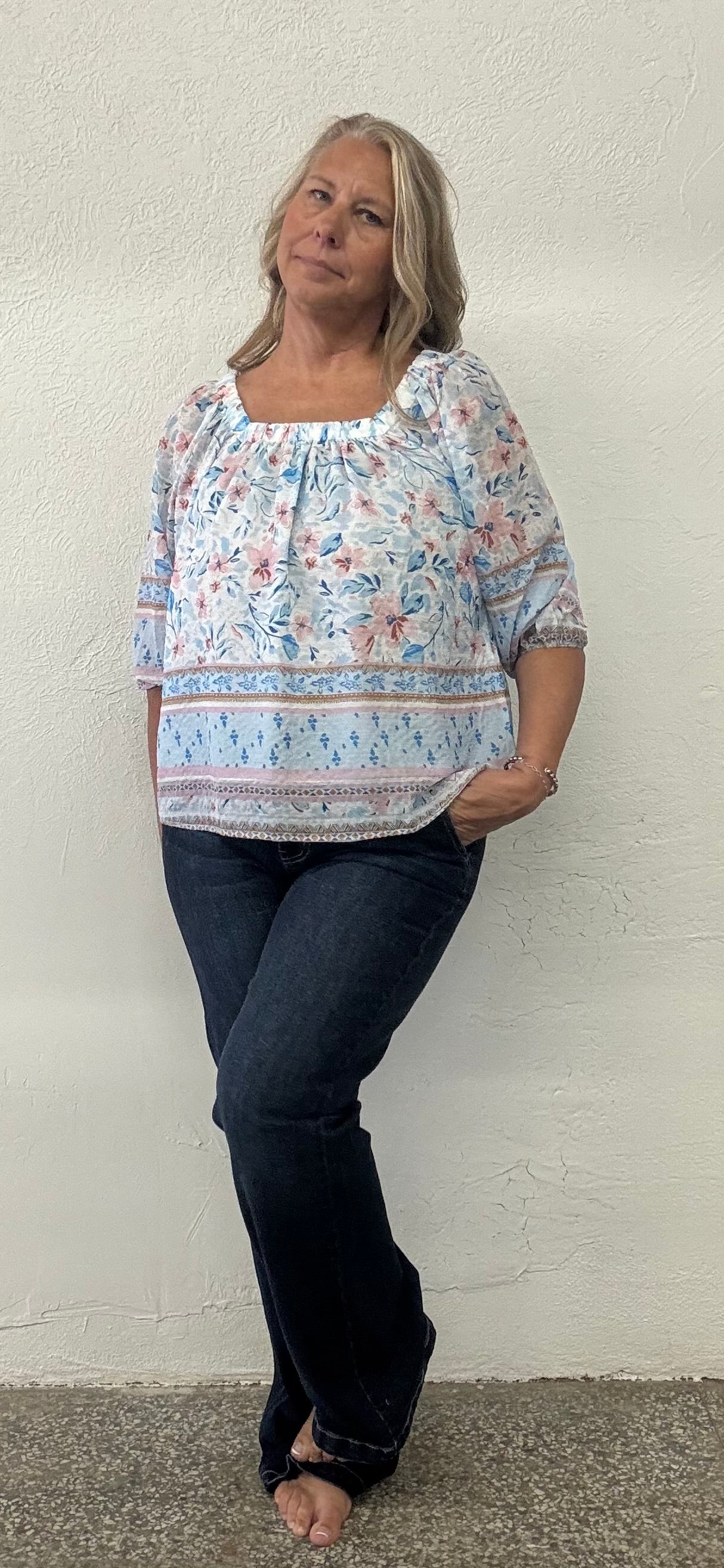 BOHO FLORAL BORDER SQUARE NECK BLOUSON BLOUSE TOP
