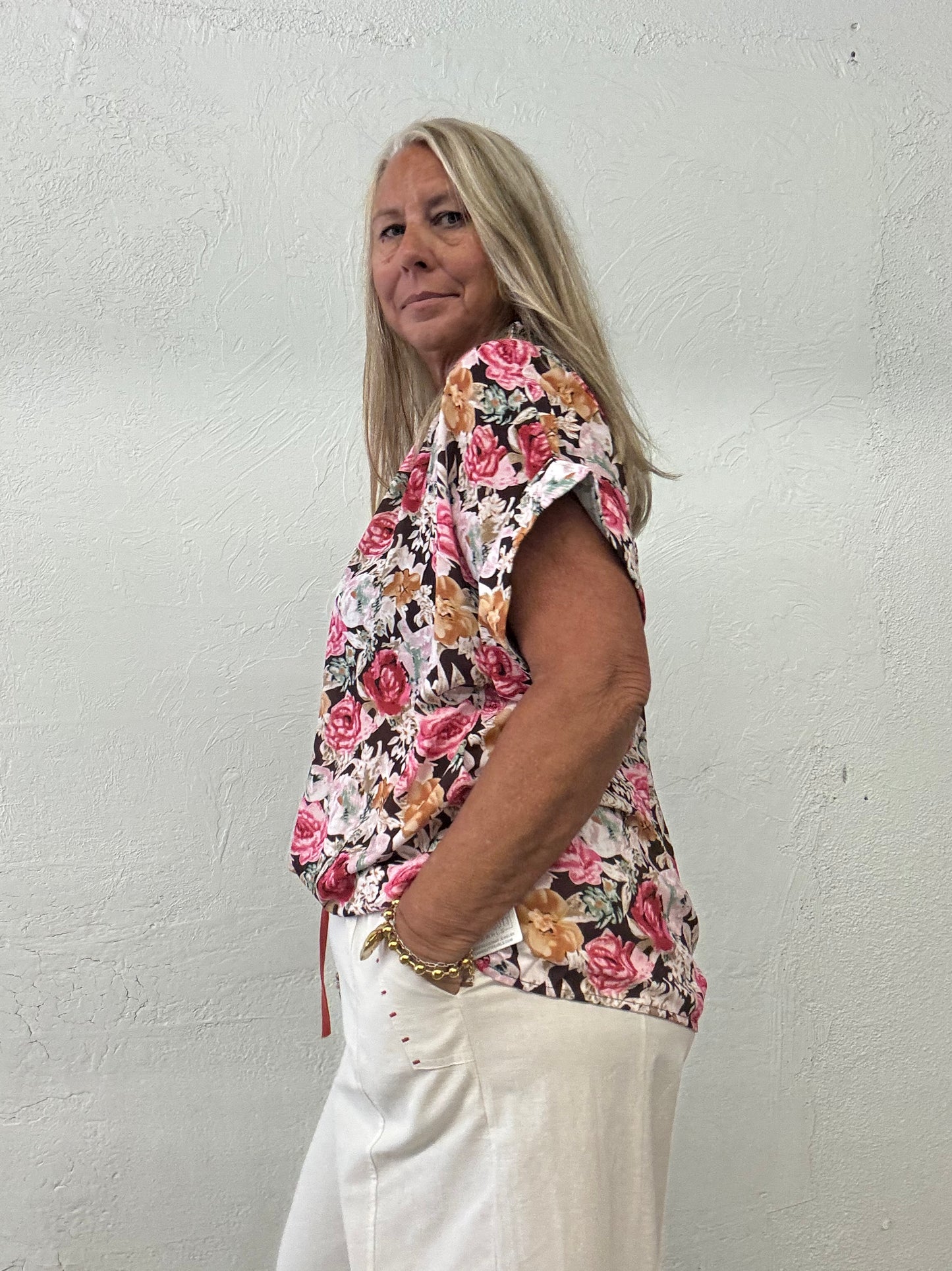 Floral Print Crew Neck Short Sleeve Shift Blouse (S-XL)