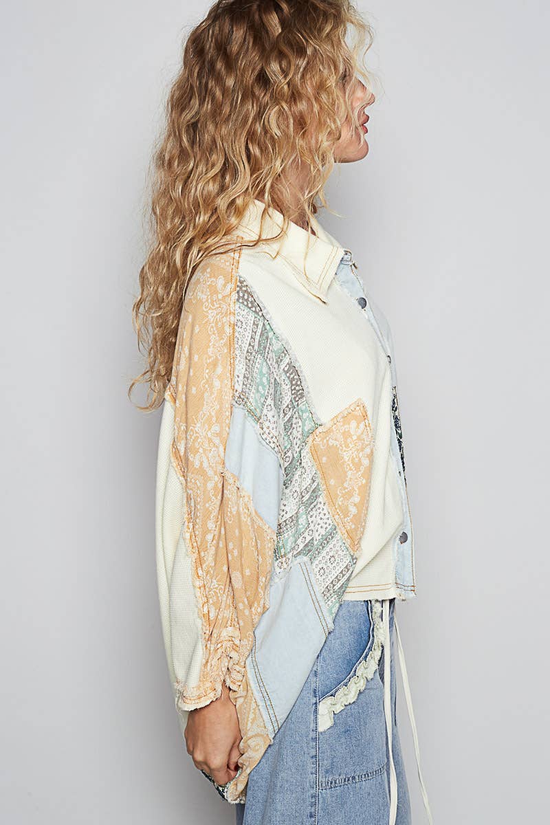Oversize button down contrast fabric panel high low shirt