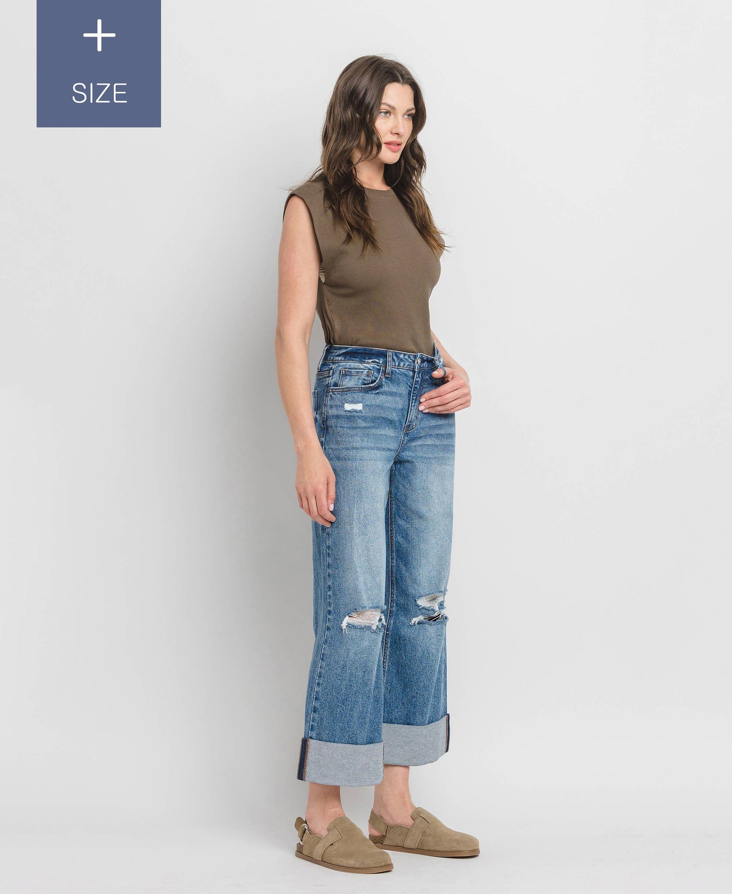 PLUS SIZE SUPER HIGH RISE CUFFED BAGGY WIDE JEANS