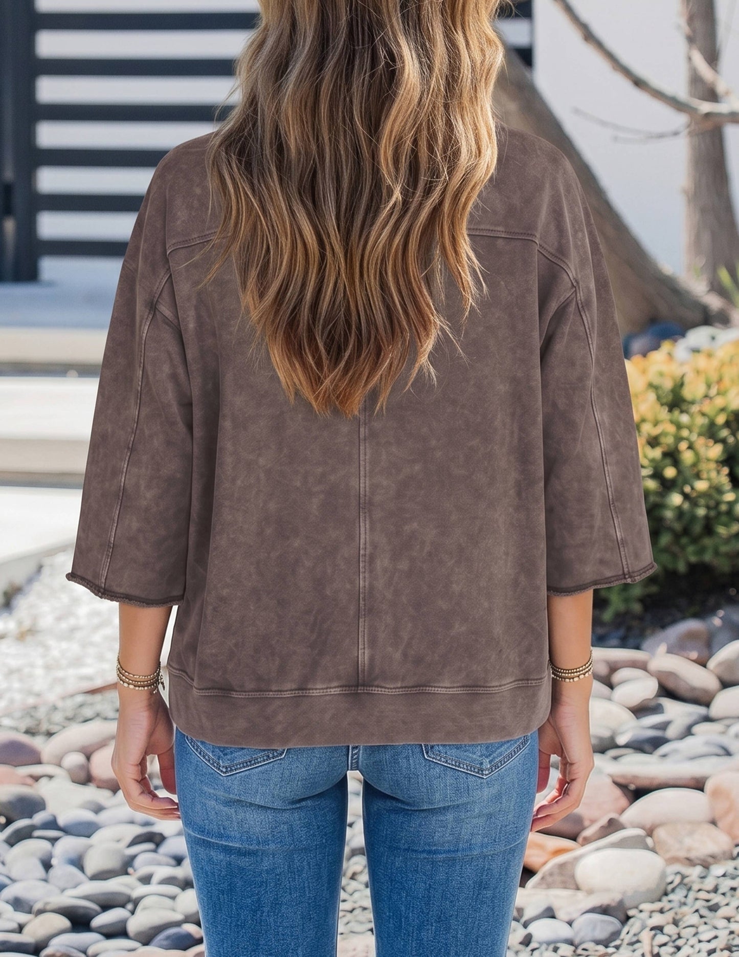 Mineral Wash 3/4 Sleeve Loose Cotton Top S-4X