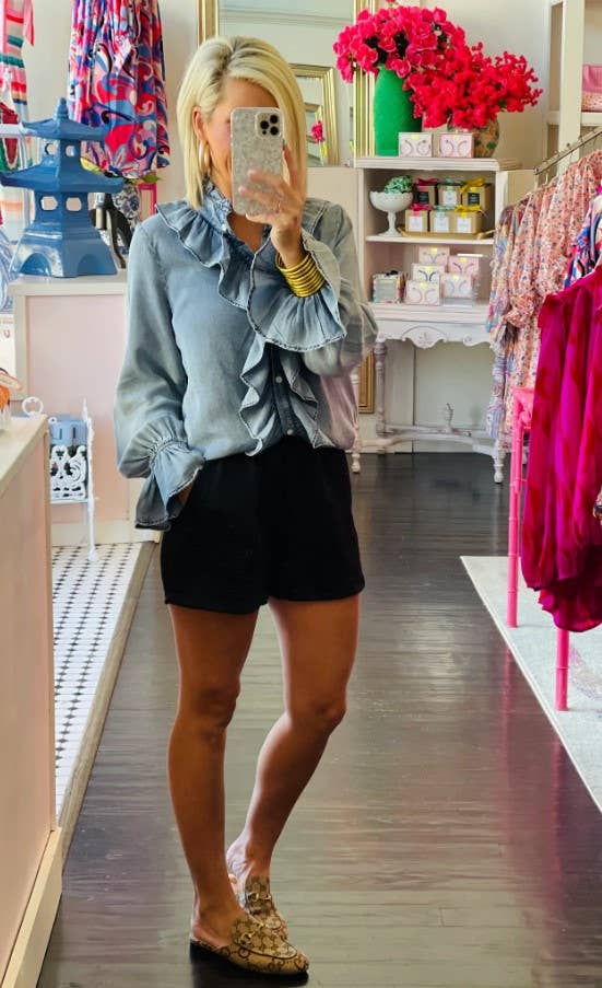 Denim Ruffled Button Down Long Sleeve Top