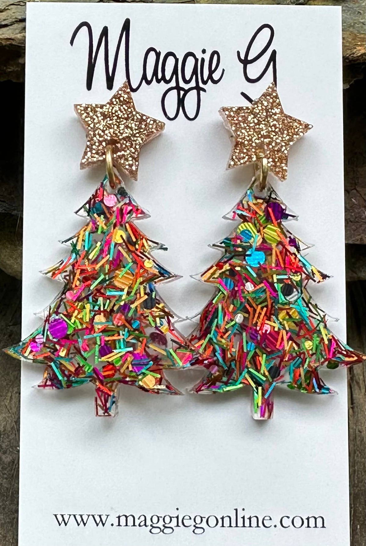 Christmas Tree Resin Earrings (Rainbow Tinsel)