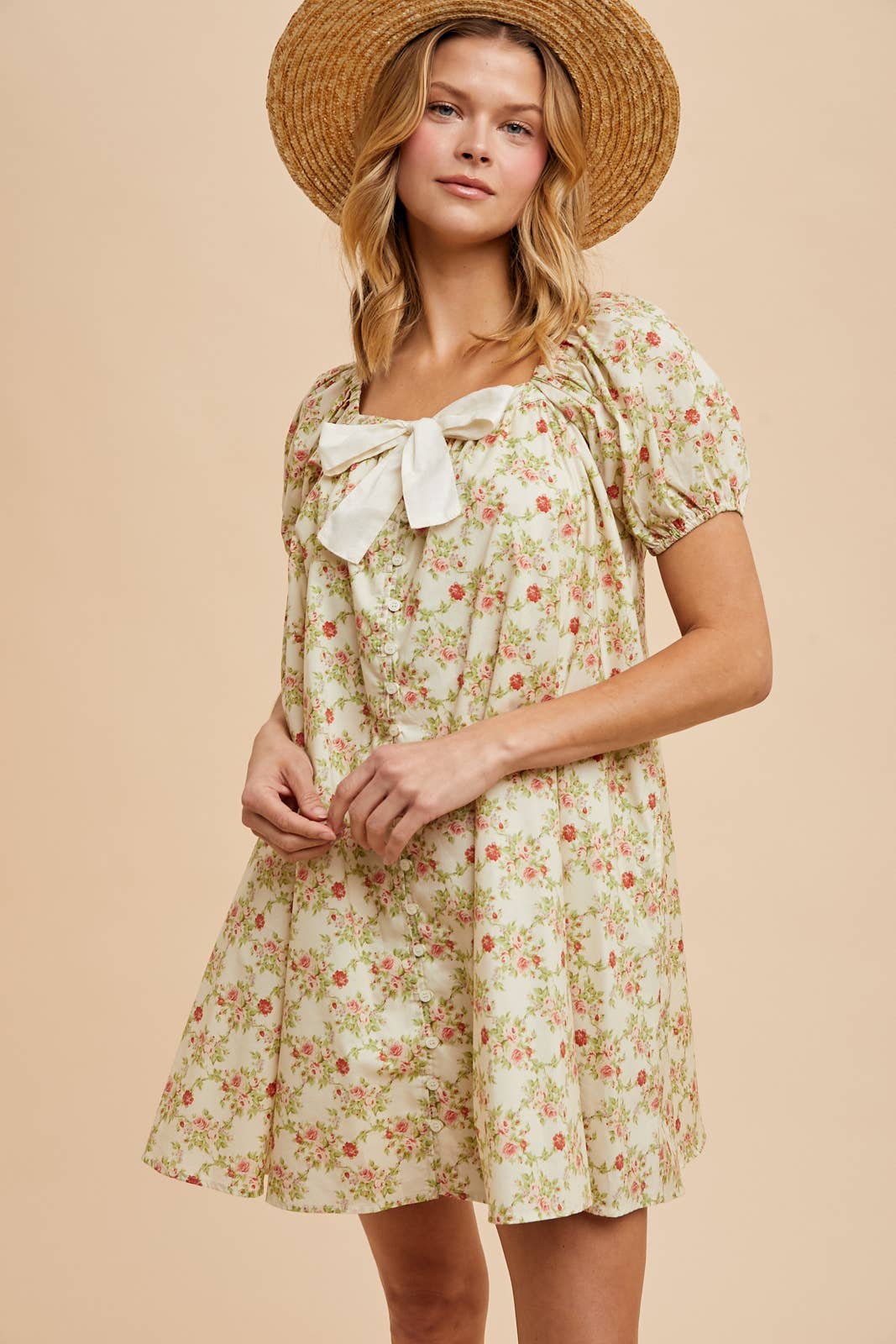 COTTON FLORAL BOW TIE SHIFT DRESS