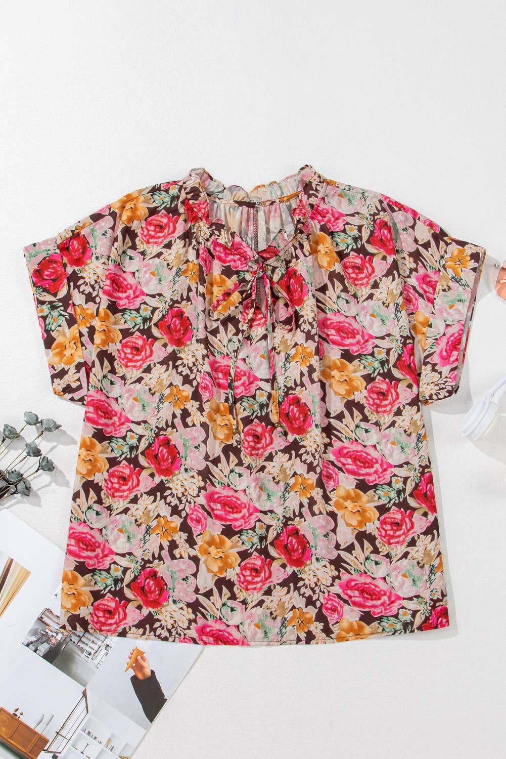 Floral Print Crew Neck Short Sleeve Shift Blouse (S-XL)