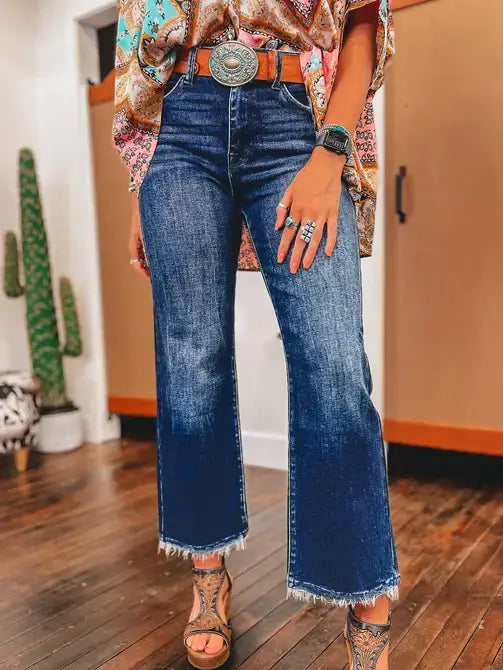 Sail Blue Mineral Wash High-Waist Raw Hem Flared Jeans