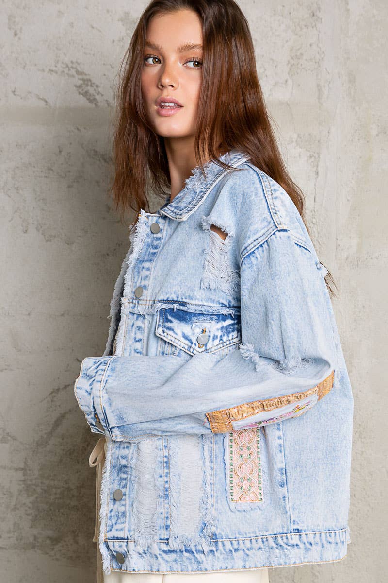 Oversize patch work panel distressed shacket