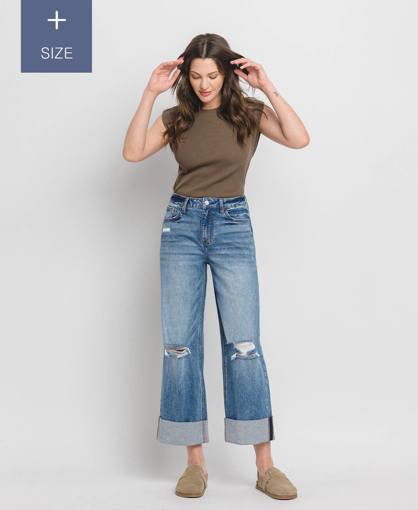 PLUS SIZE SUPER HIGH RISE CUFFED BAGGY WIDE JEANS