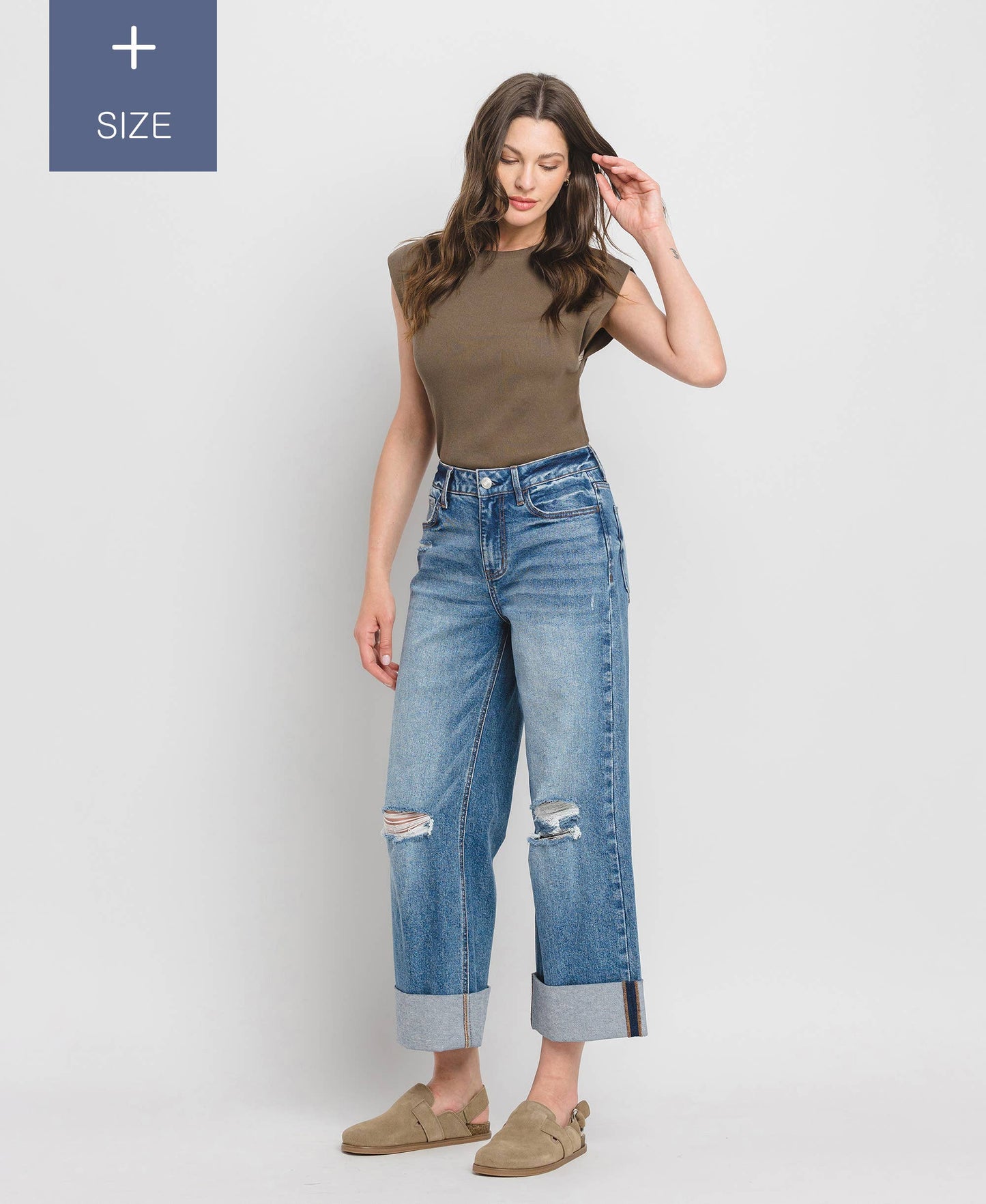 PLUS SIZE SUPER HIGH RISE CUFFED BAGGY WIDE JEANS