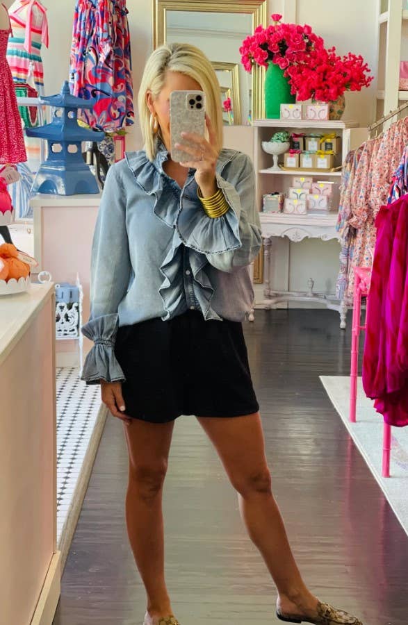 Denim Ruffled Button Down Long Sleeve Top