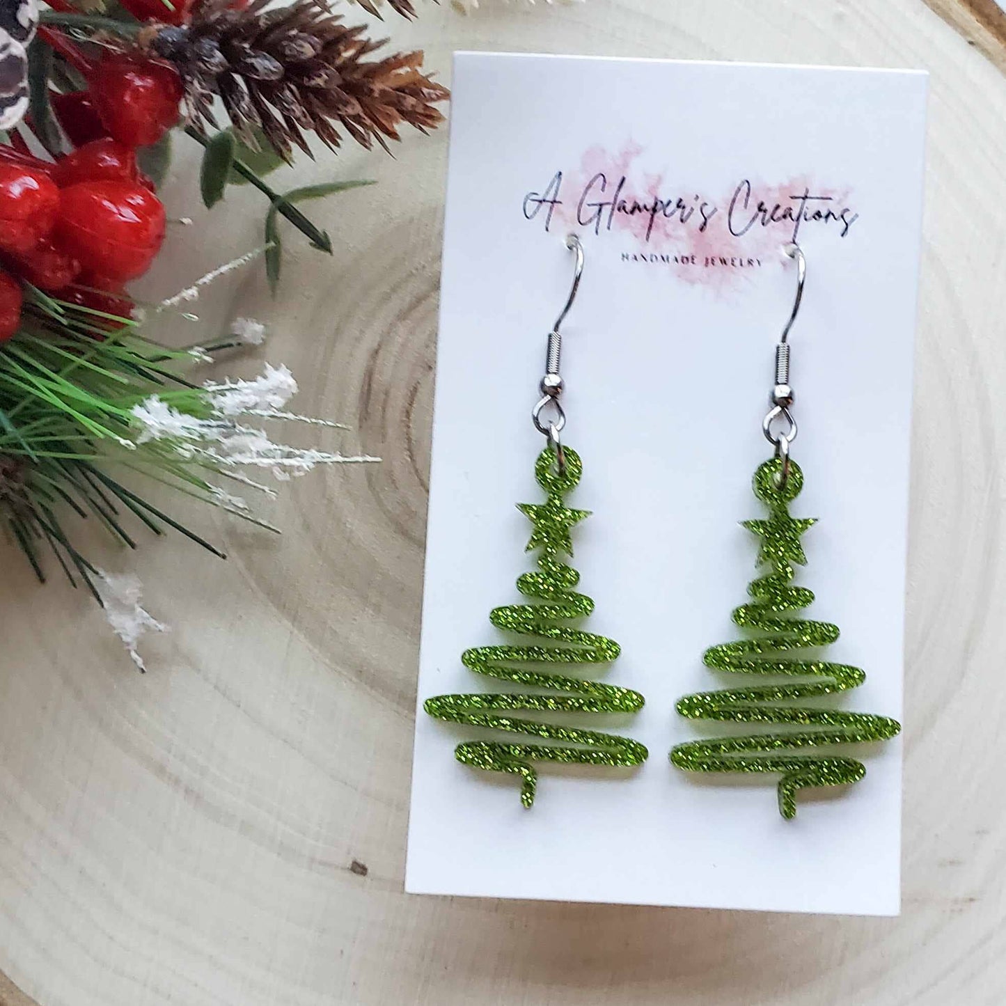 Light Green Glitter Ribbon Christmas Tree Acrylic Earrings