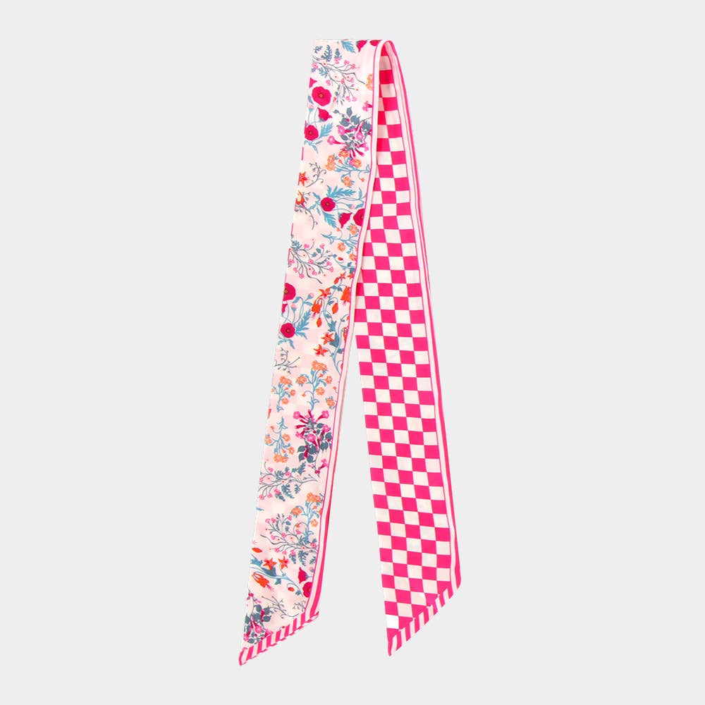 Check Floral Silk Feel Twilly Skinny Scarf