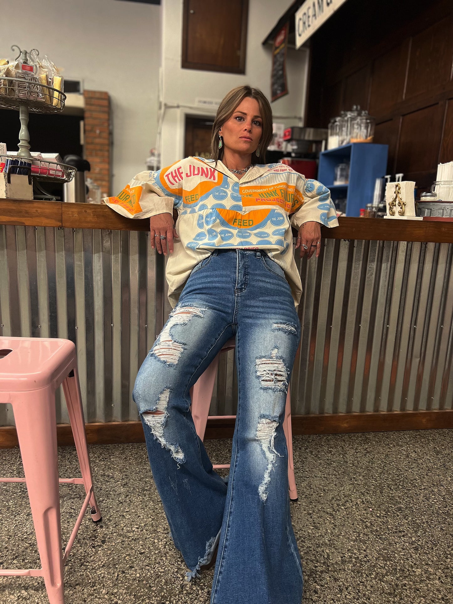 Flour Sack Cotton Bell Sleeve Top- Junk Buttermilk