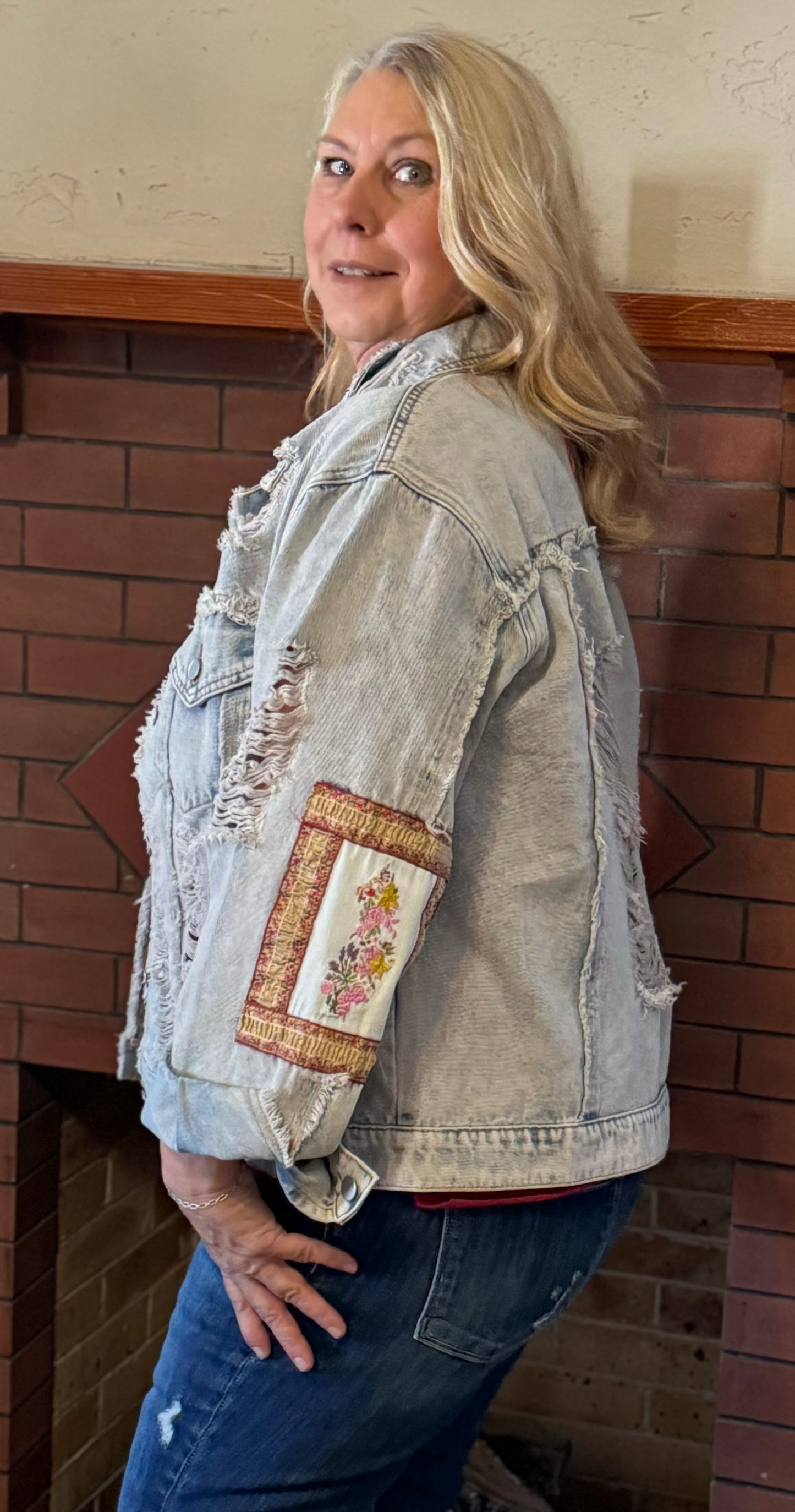 Oversize patch work panel distressed shacket