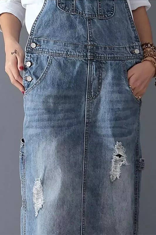 Distressed Ripped denim overall dress