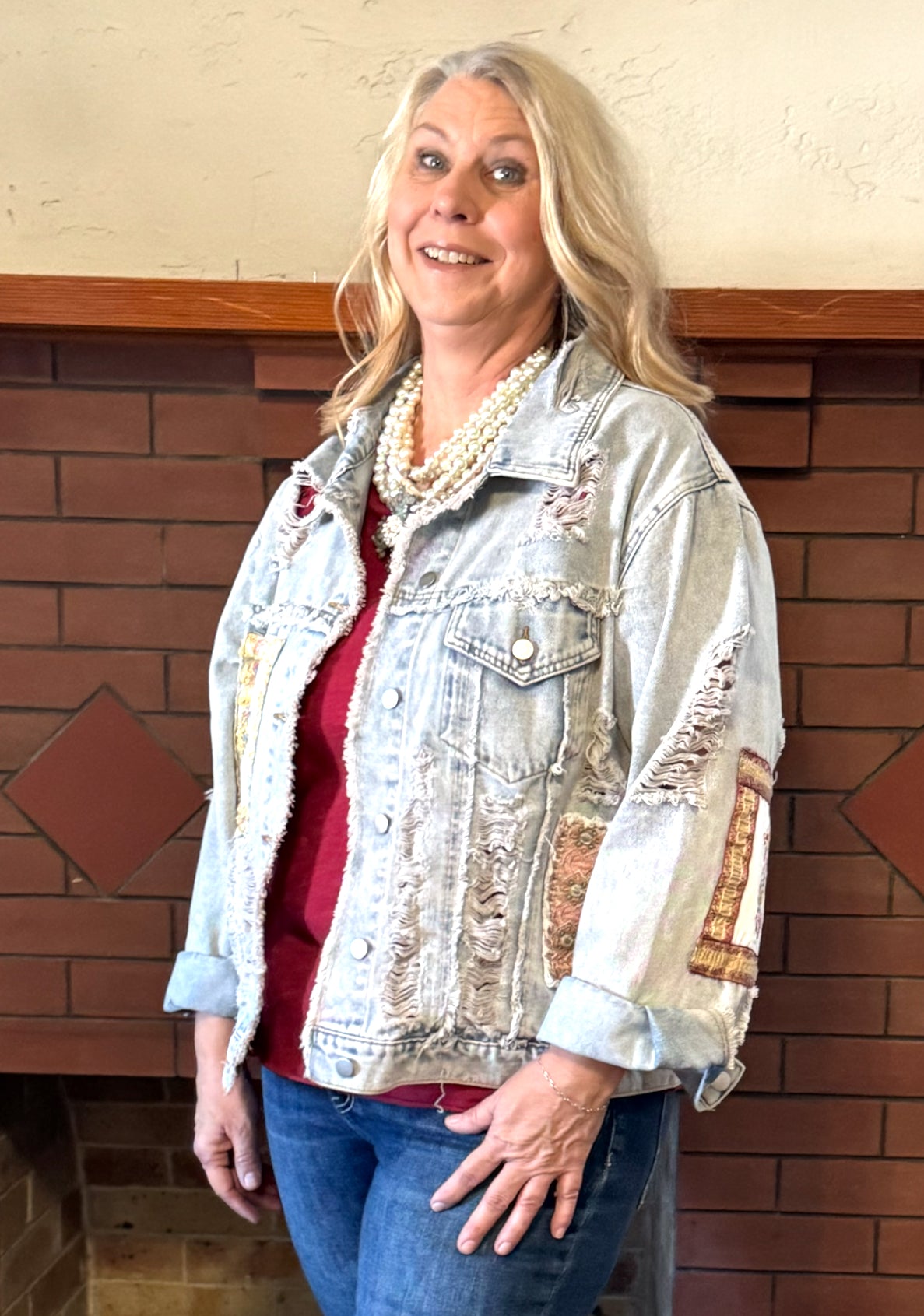 Oversize patch work panel distressed shacket
