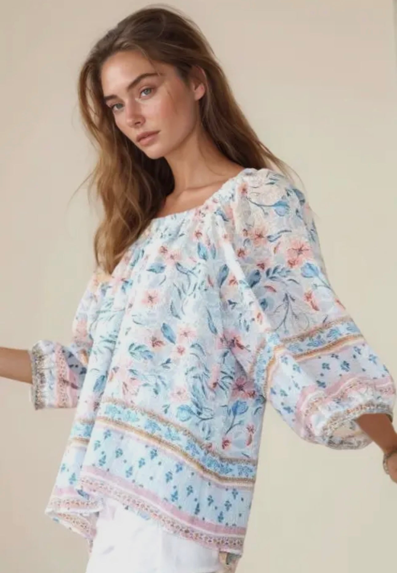 BOHO FLORAL BORDER SQUARE NECK BLOUSON BLOUSE TOP