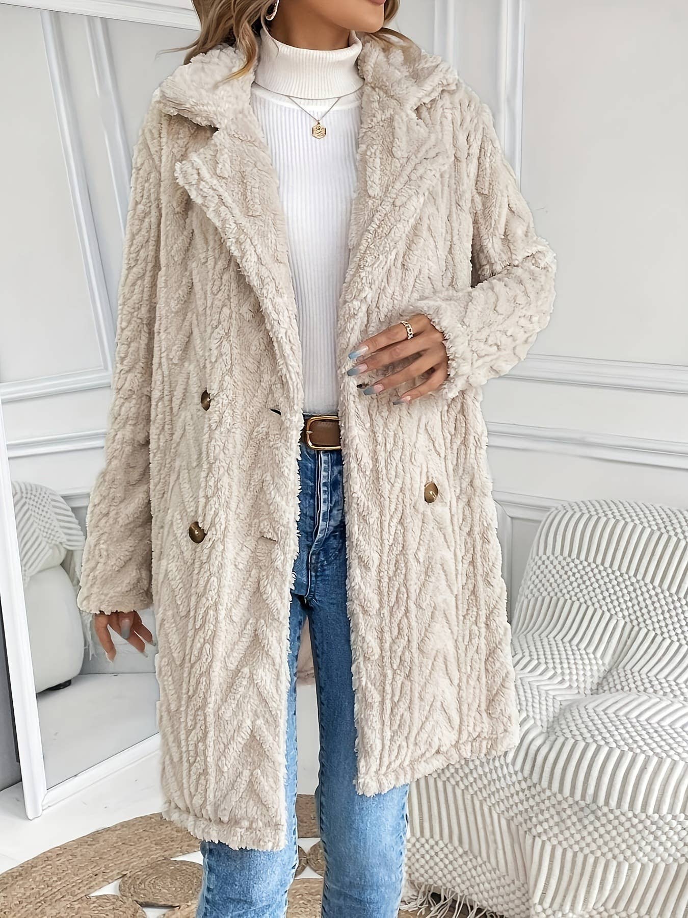 Reversible Plush Slip Pockets Casual Long Coat