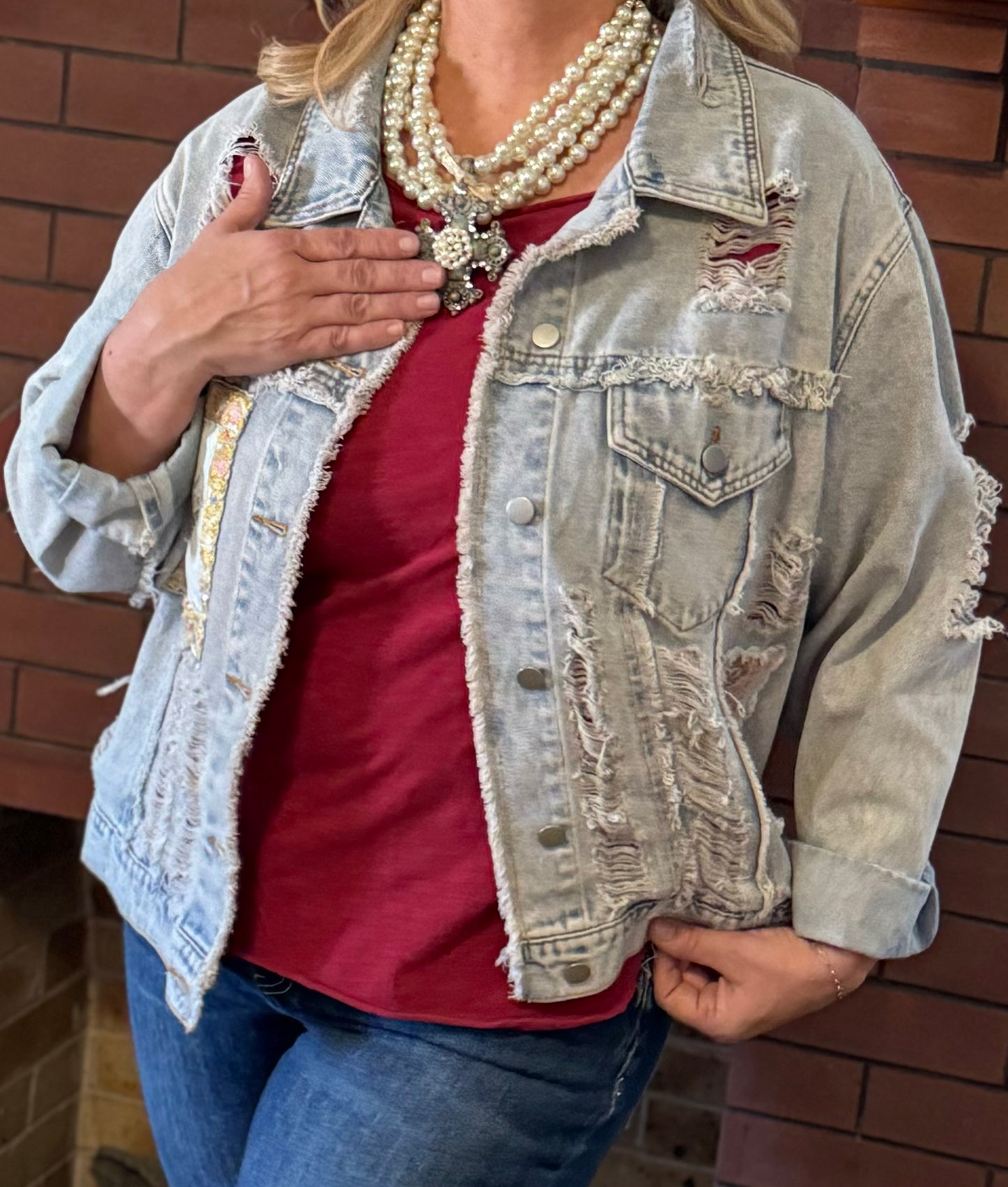 Oversize patch work panel distressed shacket