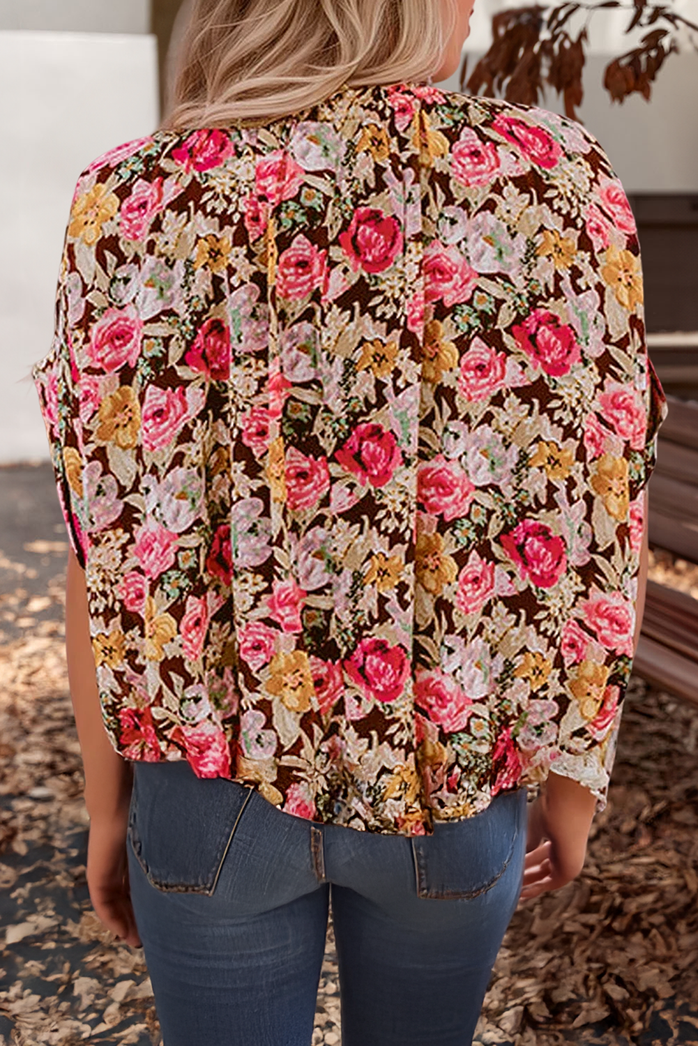 Floral Print Crew Neck Short Sleeve Shift Blouse (S-XL)