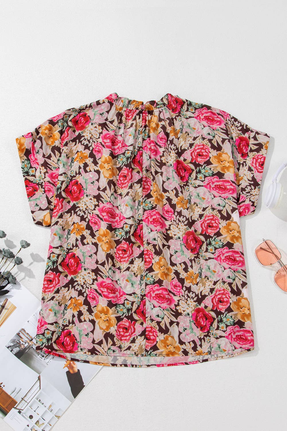 Floral Print Crew Neck Short Sleeve Shift Blouse (S-XL)