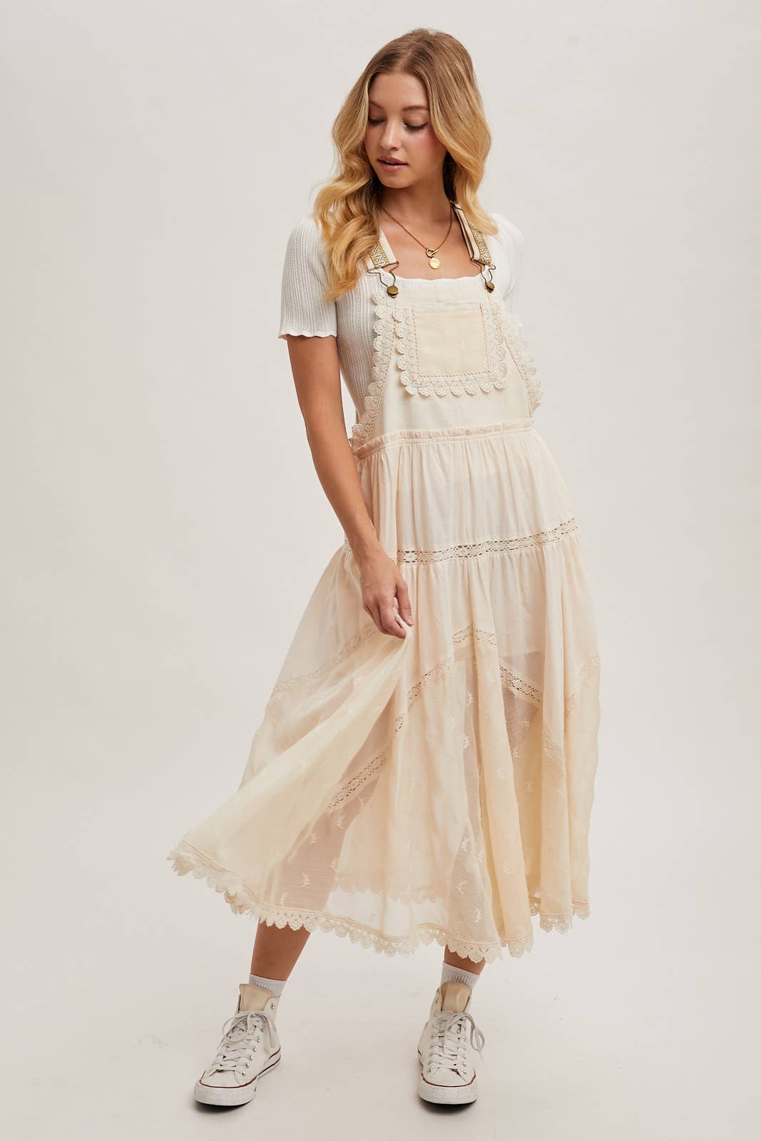 LACE EMBROIDERED TULLE BIB MAXI DRESS