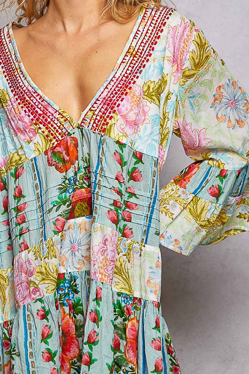 3/4 Sleeveless V-neck Seashell Shape Printed Woven Dress