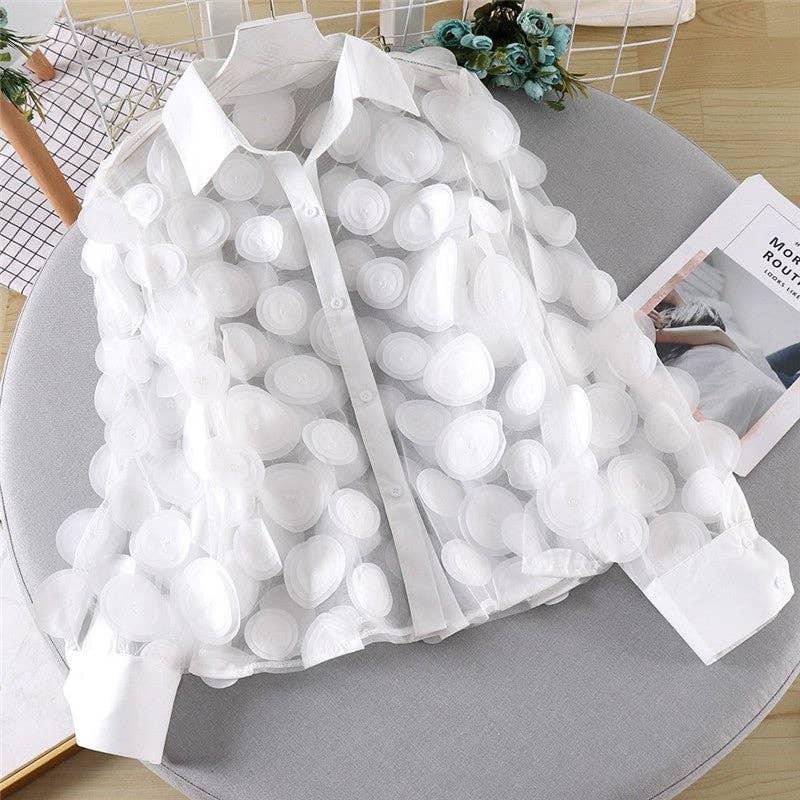 Hollow Lantern Sleeve Mesh Blouse With 3D Flower Appliques