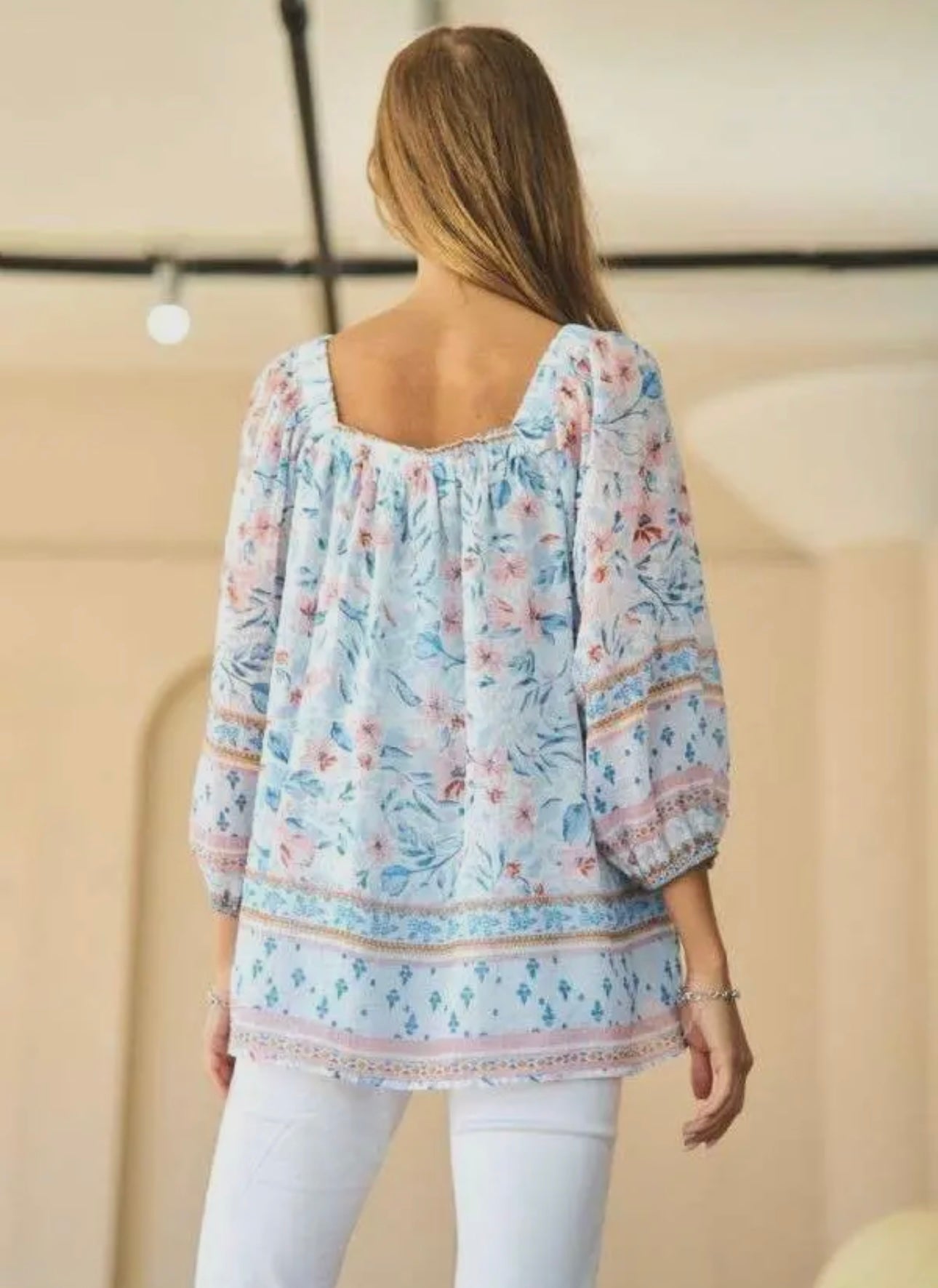 BOHO FLORAL BORDER SQUARE NECK BLOUSON BLOUSE TOP