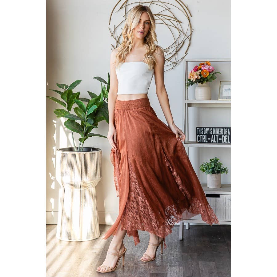 CHIFFON LACE MIXED OVERLAY A-LINE MIDI SKIRT