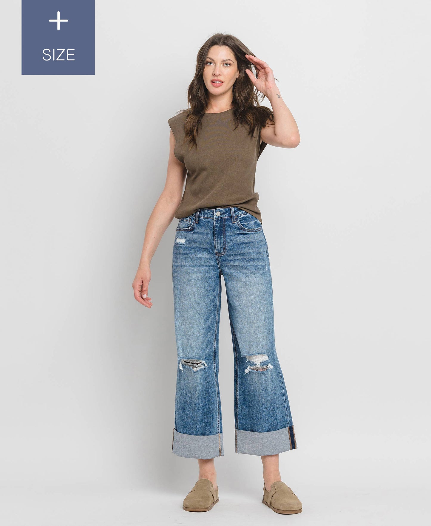 PLUS SIZE SUPER HIGH RISE CUFFED BAGGY WIDE JEANS