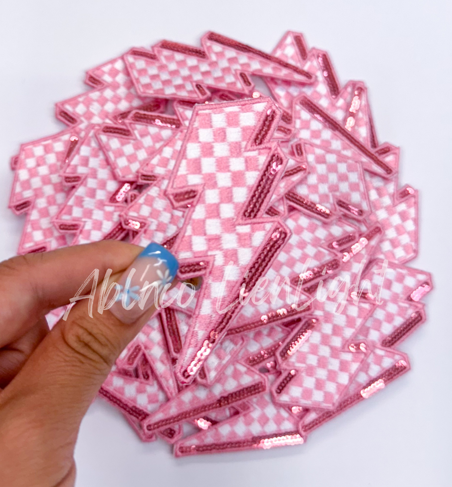 Pink sequins checkered lightning bolt filler patch iron on
