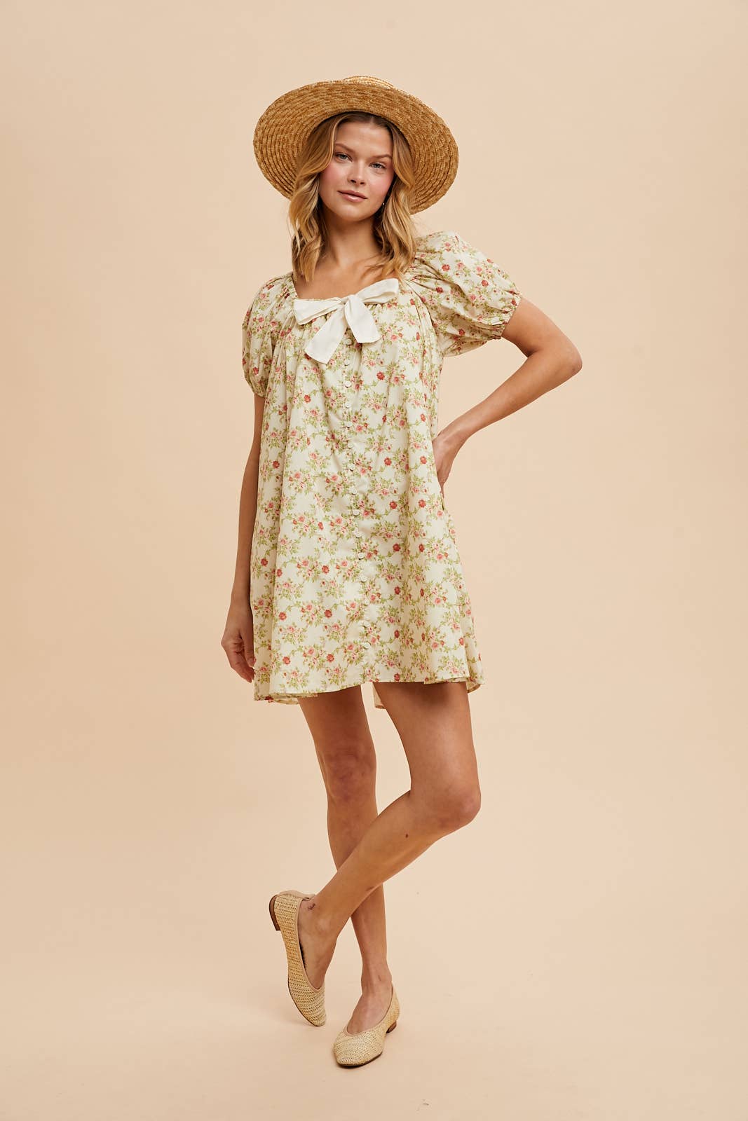 COTTON FLORAL BOW TIE SHIFT DRESS