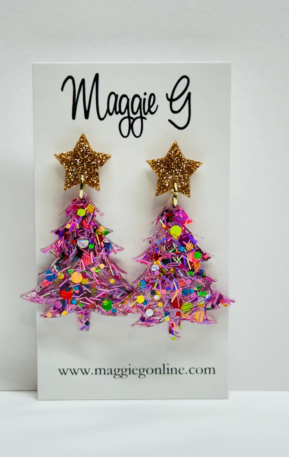 Christmas Tree Pink Tinsel Resin Earrings