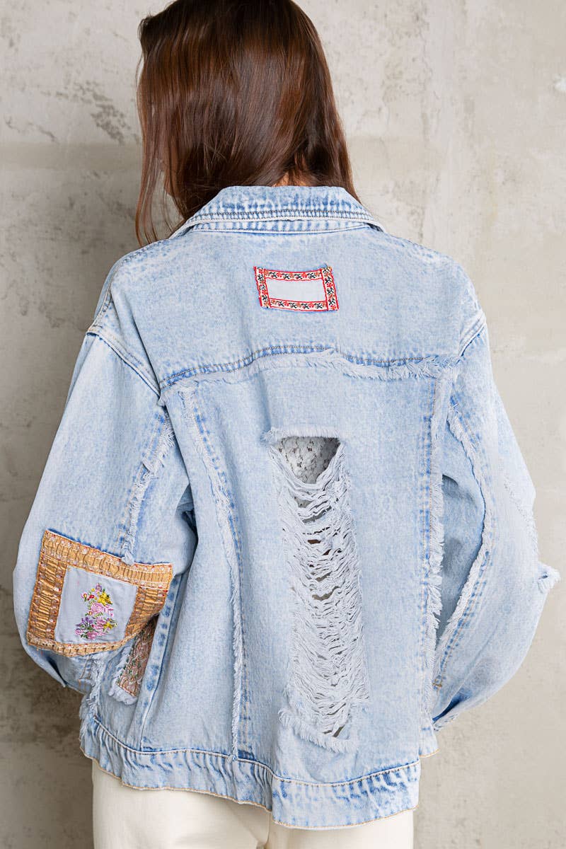 Oversize patch work panel distressed shacket