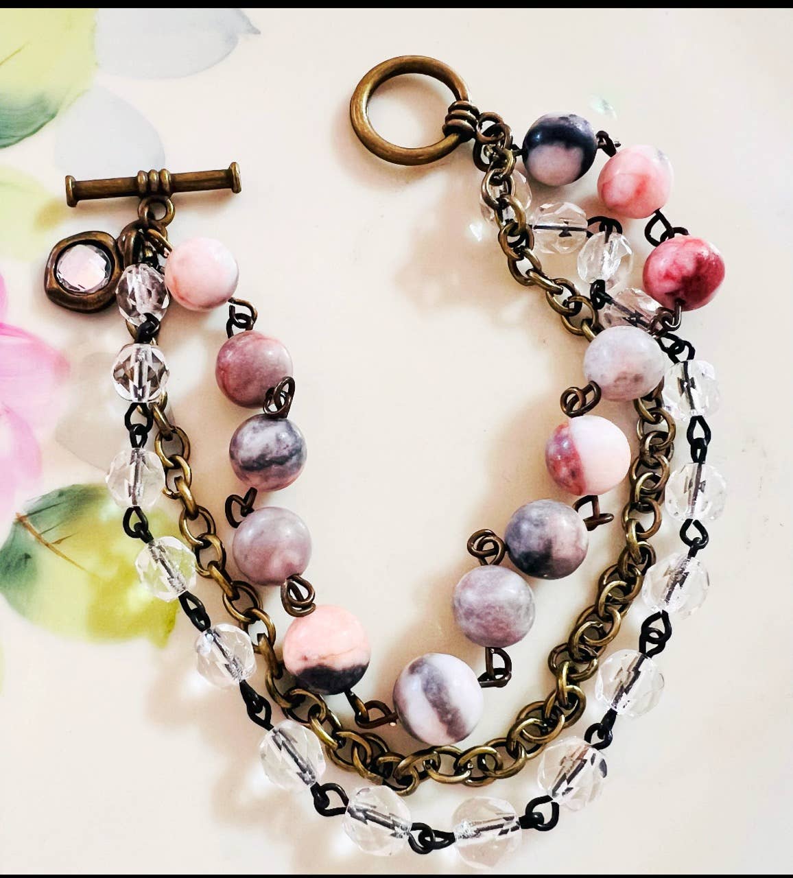 Grey Pinks Neutral Colors Beaded Triple Strand Bracelet