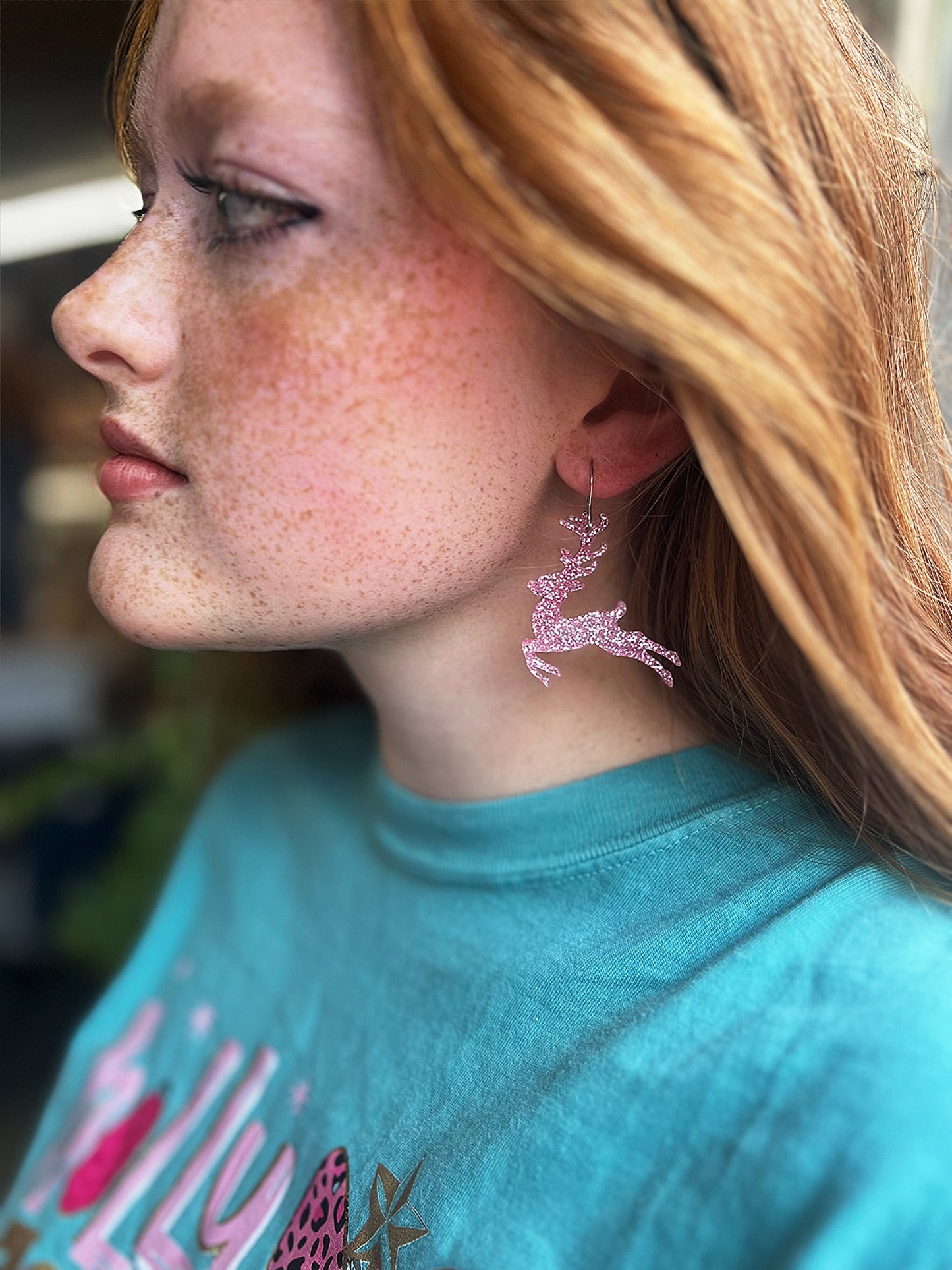 Pink Glitter Leaping Reindeer -Christmas Acrylic Earrings v