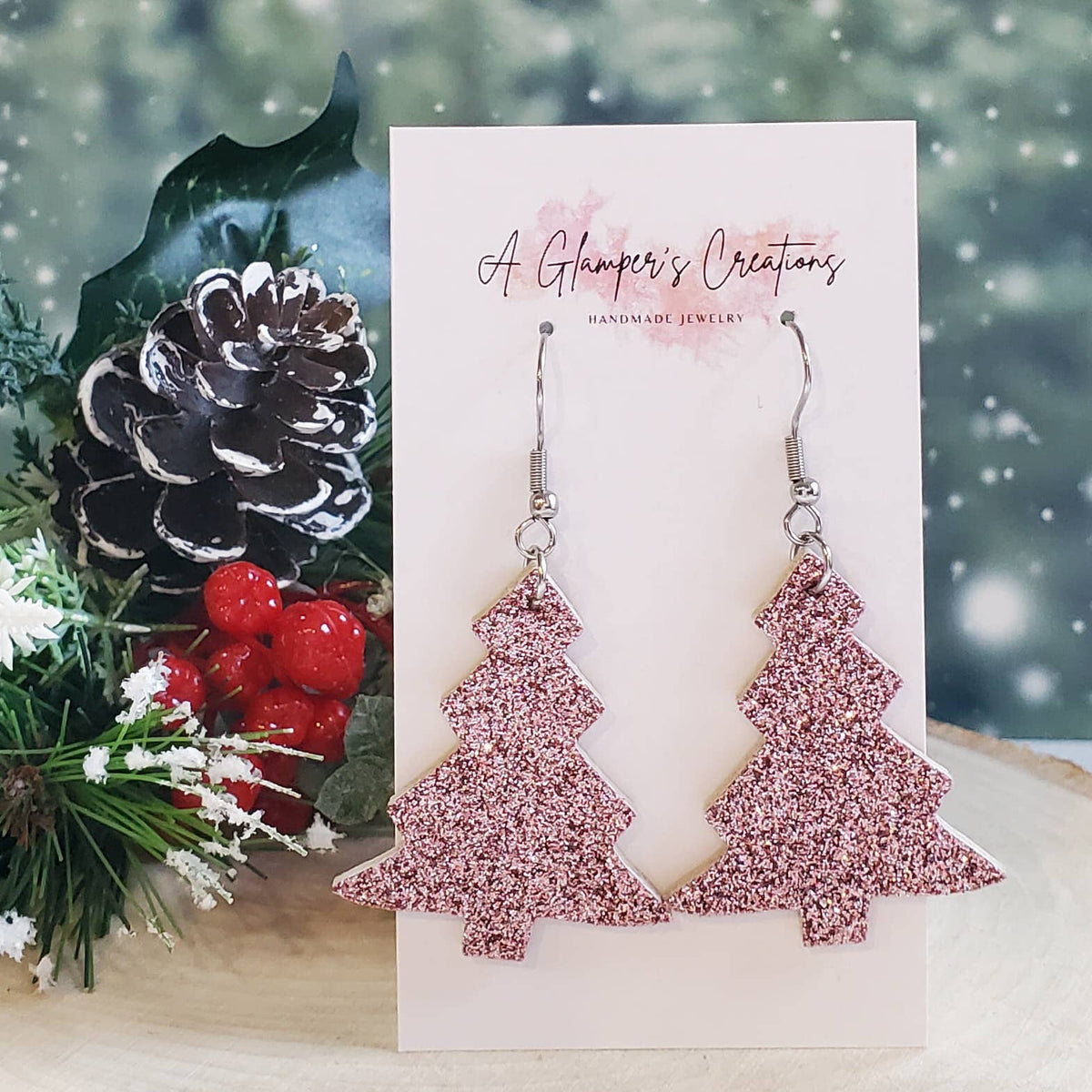 Pink Glitter Christmas Tree Leather Earrings