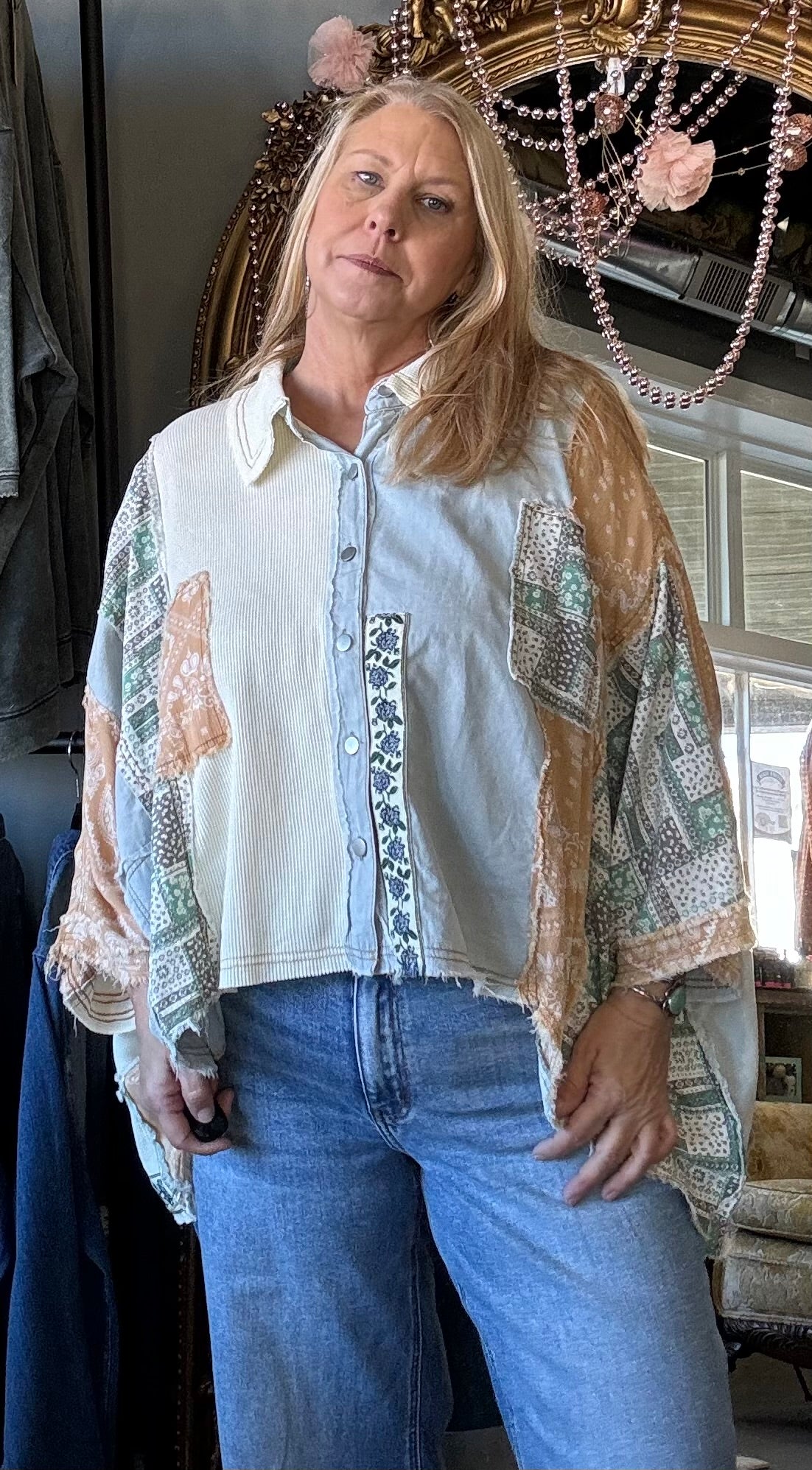 Oversize button down contrast fabric panel high low shirt