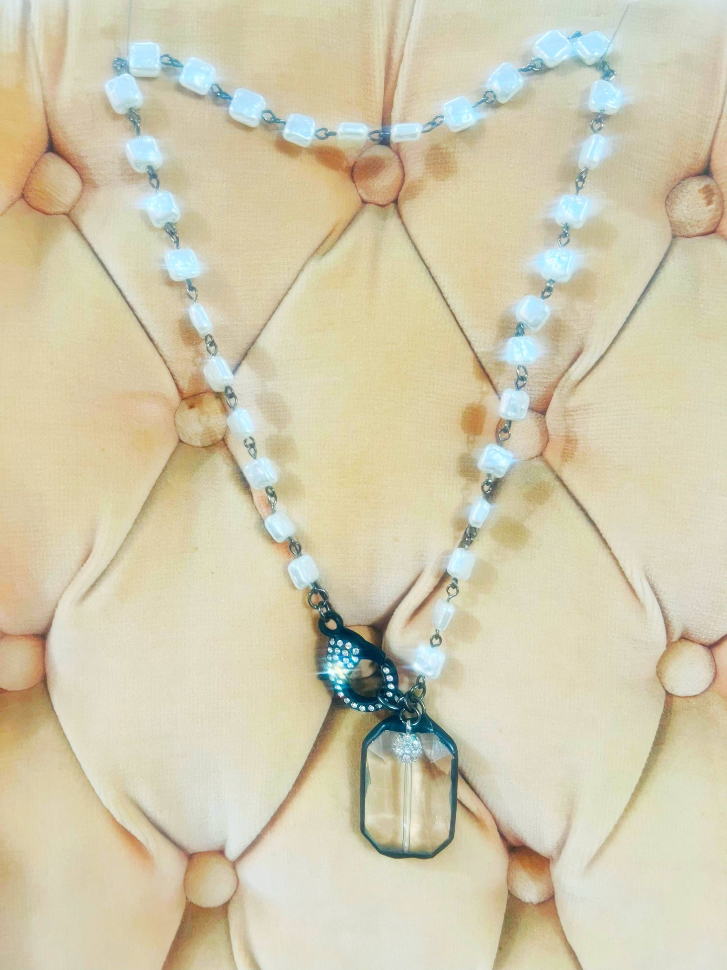 Soldered Crystal Pendant on Pearl Beaded Chain